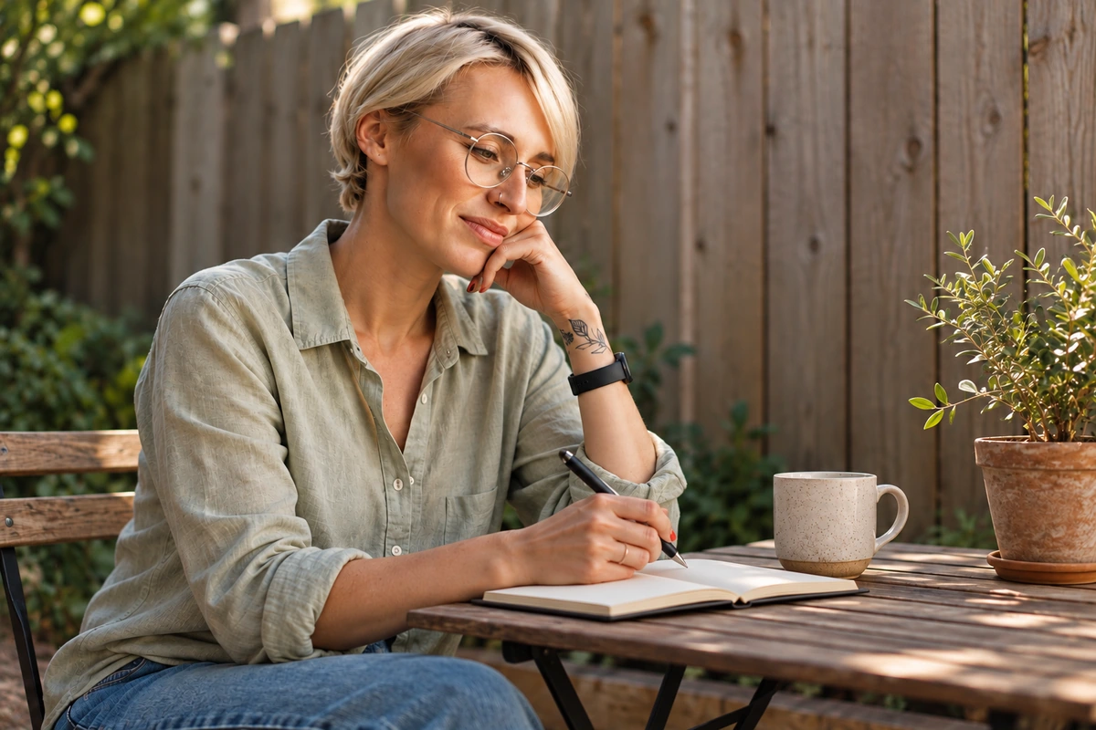 Woman reflecting over an open notebook at a small garden table