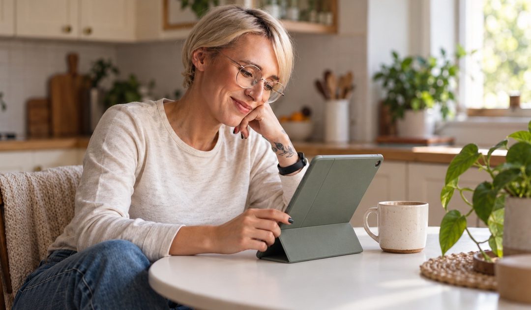 A blonde woman wearing glasses reads from a tablet at a round white kitchen table.